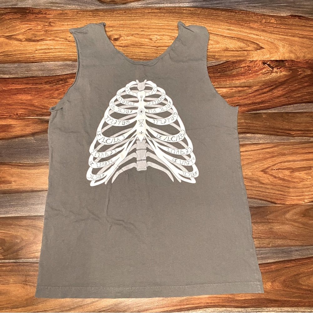 Skeleton Muscle Tank  Ancient Text Language Graphic Ribcage Cutoff Sleeve L/XL